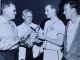 Mens Softball. Herb Francis presents trophy to Cobden Flyers player Peter MacKercher;
Herb Francis, Ross Faught, Peter MacKercher, Bob Jackson
