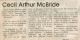 McBride, Cecil Arthur Obituary McBride, Cecil Arthur Obituary