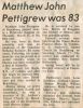 Pettigrew, Matthew John obituary Pettigrew, Matthew John obituary