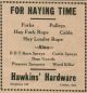 Hawkin's Hardware advertisement Hawkin's Hardware advertisement